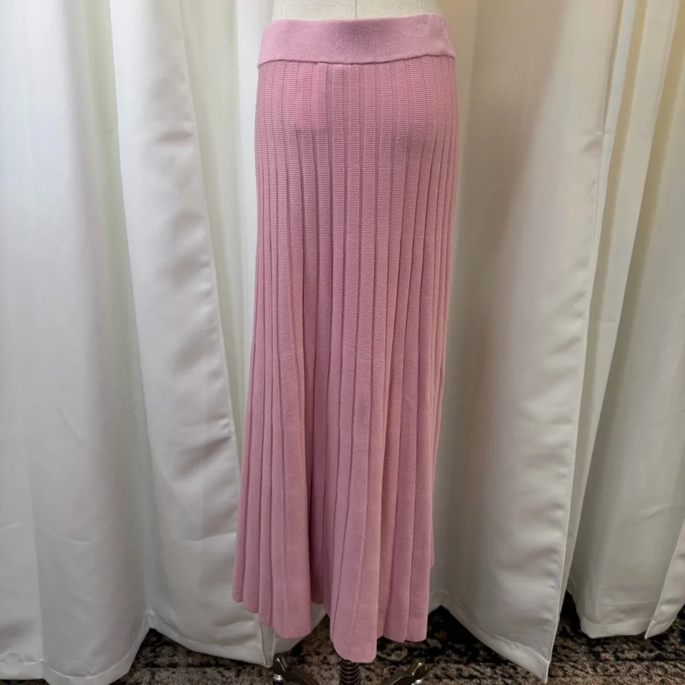NWT Saks Fifth Avenue Pink Stretch Knit Wide Ribbed Midi Skirt w/ Slit Size S